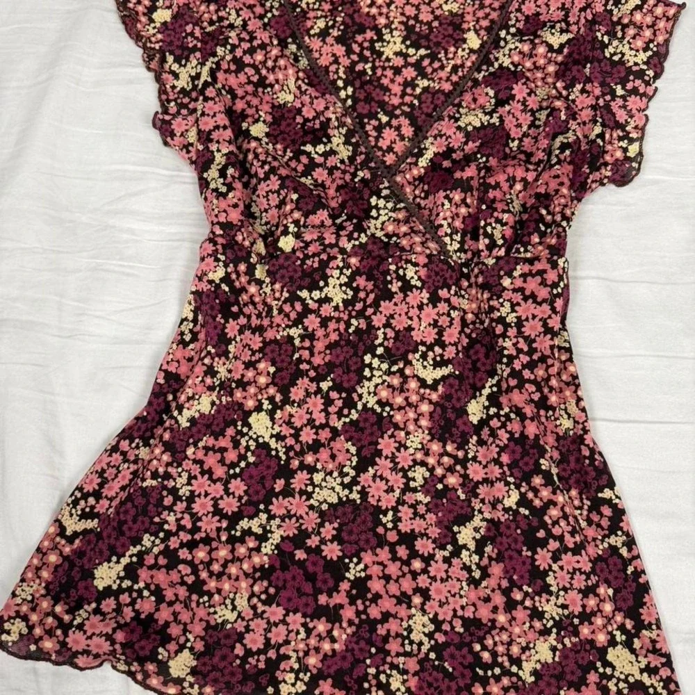 Vintage y2k Self Esteem pink/red floral babydoll short sleeve tie back top - Picture 2 of 6